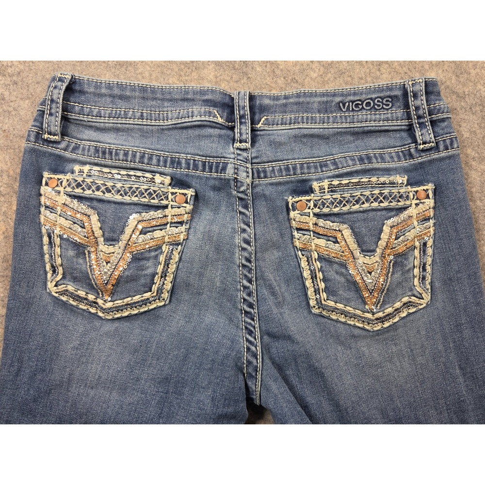 Vigoss Straight Leg Jeans Women 8 Medium Wash Sequin Embroidered Pockets Denim